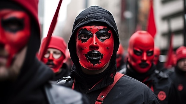 赤い顔と「フェイスペイント」と書かれた黒いマスクをした男。