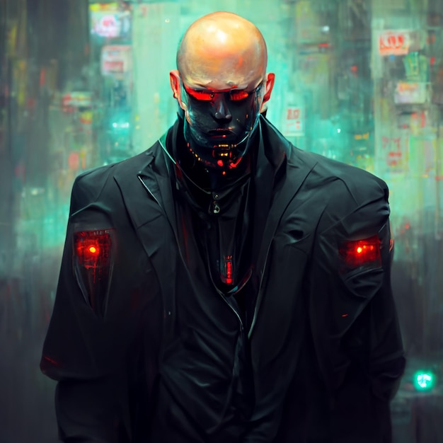 A man with a red glowing face stands in front of a city background.