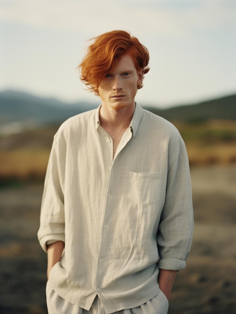 a man with red hair stands in a field with a mountain in the background.