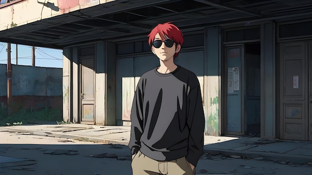 빨간 머리카락과 선글라스를 가진 남자가 그래피티로 인 건물 앞에 서 있습니다.