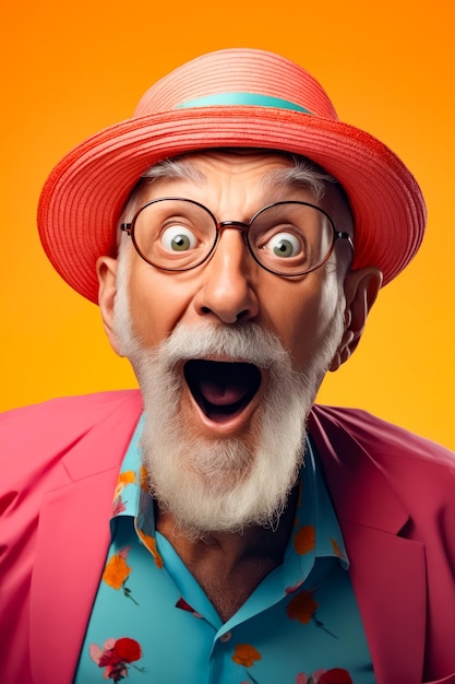 Foto uomo con cappello rosso e occhiali che fa la faccia sorpresa ai generativa