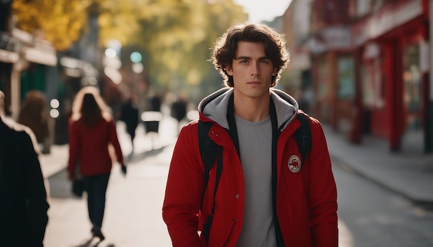 a man with a red jacket and a black backpack