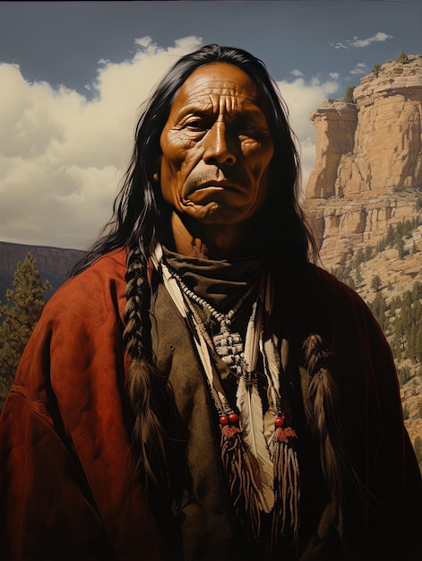 a man with a red shirt and a black and white necklace is standing in front of a mountain with mountains in the background.