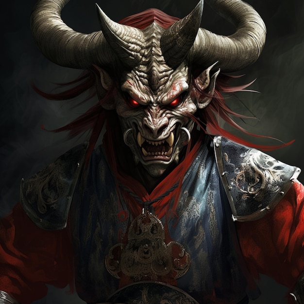 a man with a red shirt and a red and blue shirt has a large horns on his head.