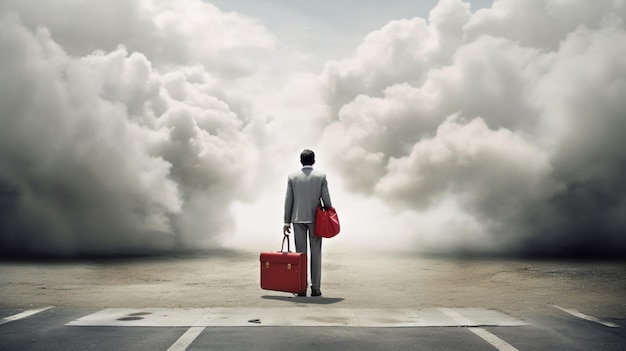 A man with a red suitcase walks away from a cloud of smoke.