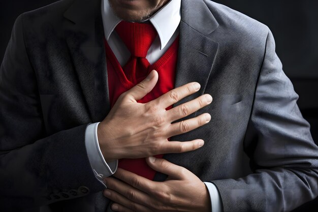 A man with a red tie holds his chest in pain.