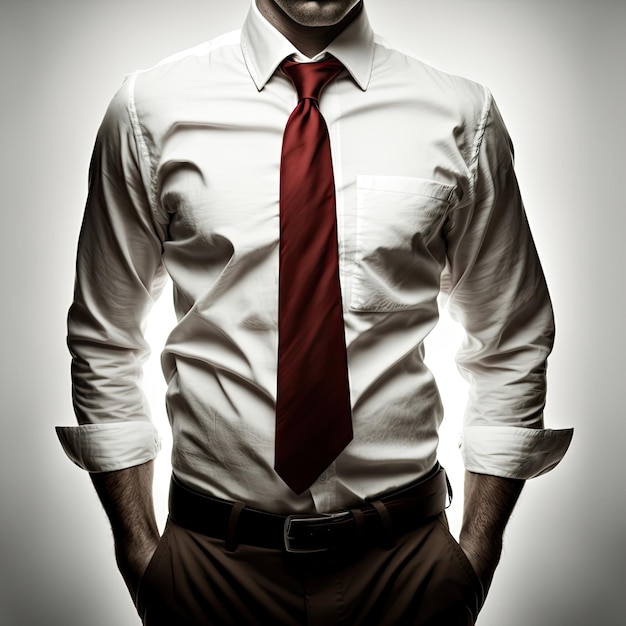 A man with a red tie stands with his hands in his pockets.