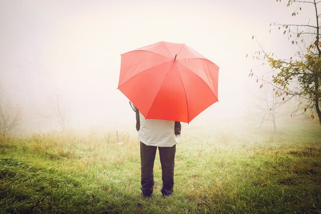 Man with red umbrella on foggy field