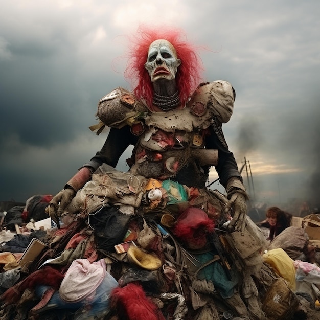 a man with a red wig on his head is standing in a pile of dirty clothes.