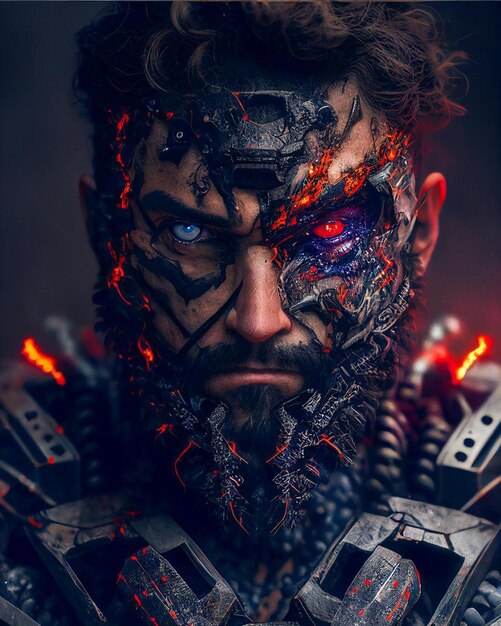 a man with a robot face and the word doom on it