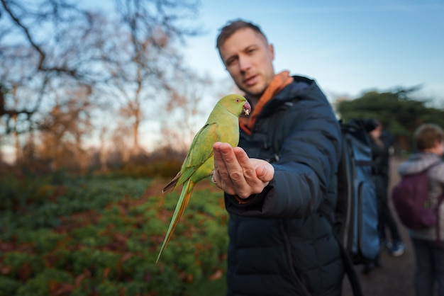 冬の季節の真ん中にロンドンの公園でローズリングのパラキットを持つ男