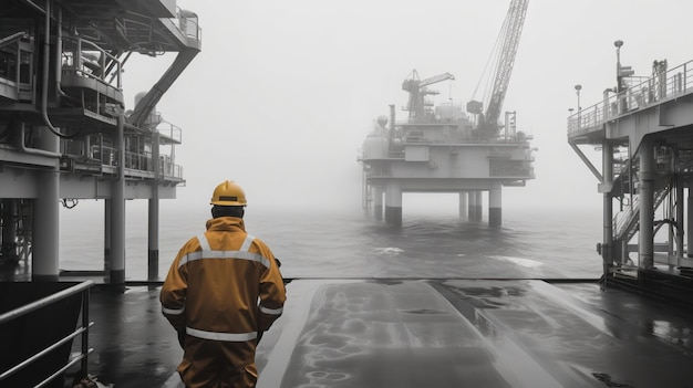 A man with a safety helmet wearing an overall at offshore platform