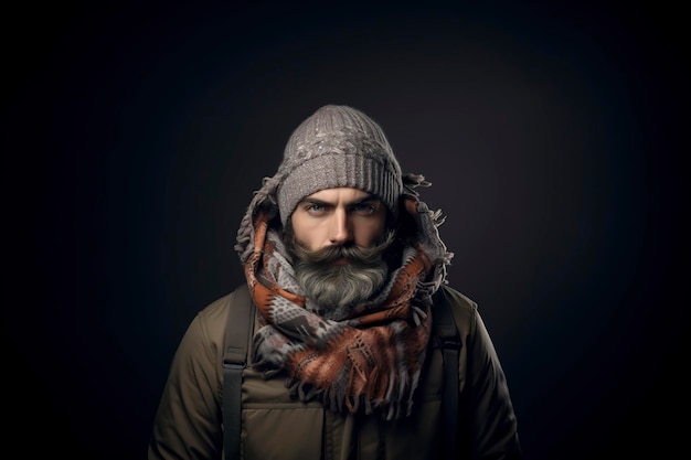 Photo man with a scarf around his neck and a winter hat on his head