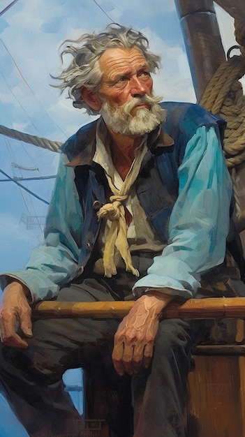 A man with a scarf tied to his neck sits on a boat