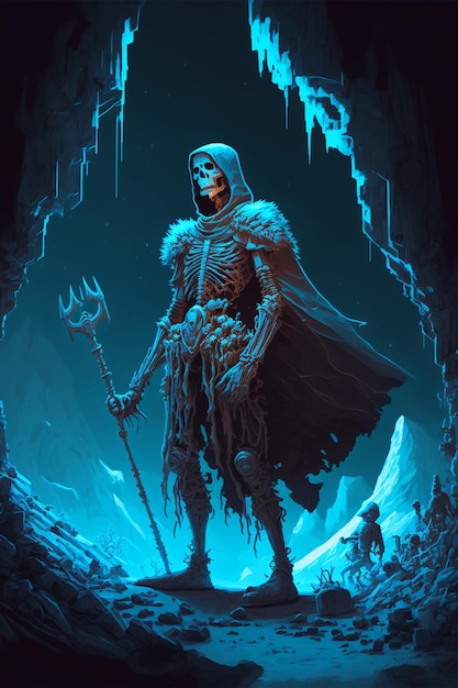 Man with a scythe standing in a cave generative ai