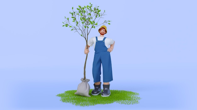 Man with seedling tree 3d render
