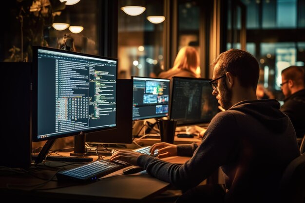 A man with a serious expression sits in front of two computer monitors focusing intently on his work Software developer and a man at computer for coding script AI Generated