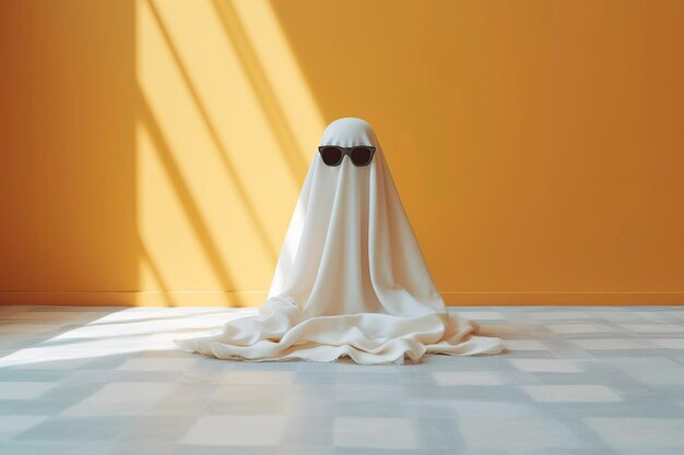 A man with a sheet over him disguised as a ghost waves his hand up copy space