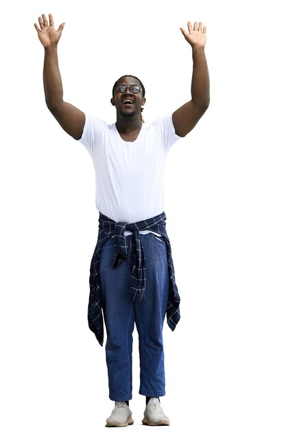 A man with a shirt tied at his waist on a White background waves his hands