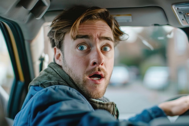 A man with a shocked expression behind the wheel of a moving car