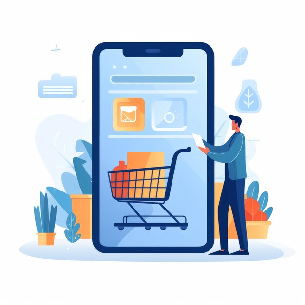 Man with shopping cart and smartphone