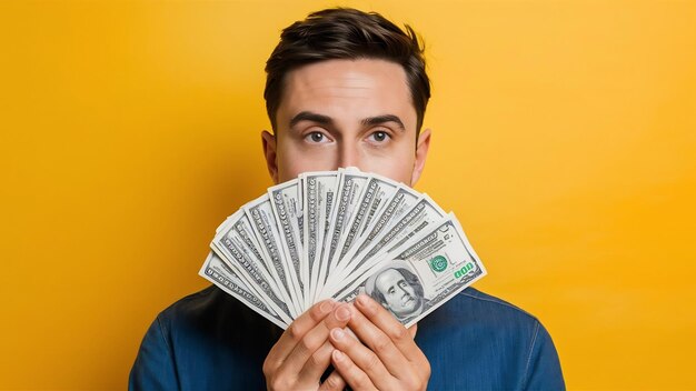 Man with short dark hair cound fan of dollar bills