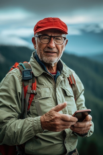 A man with short hair red hat and glasses focused on his cell phone screen
