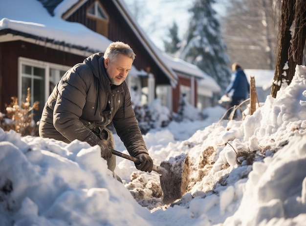 シャベルを持った男が雪から線路を掃除する 高画質写真