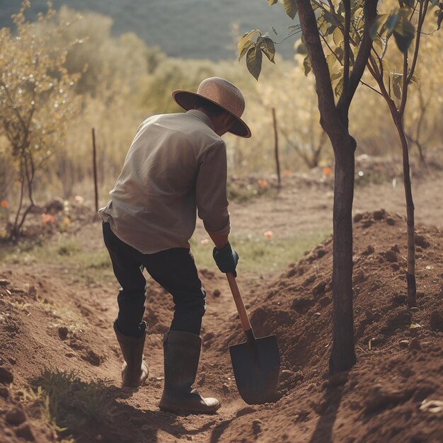 man with a shovel plants a small tree closeup nature concept