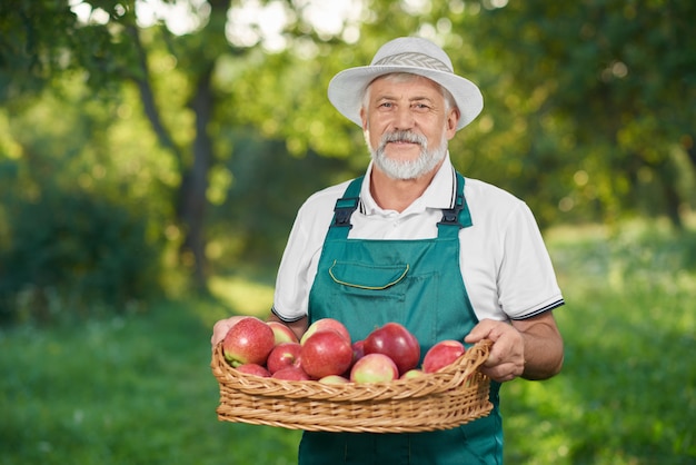 赤のおいしいりんごがいっぱい入ったかごを持って、収穫を示す男。