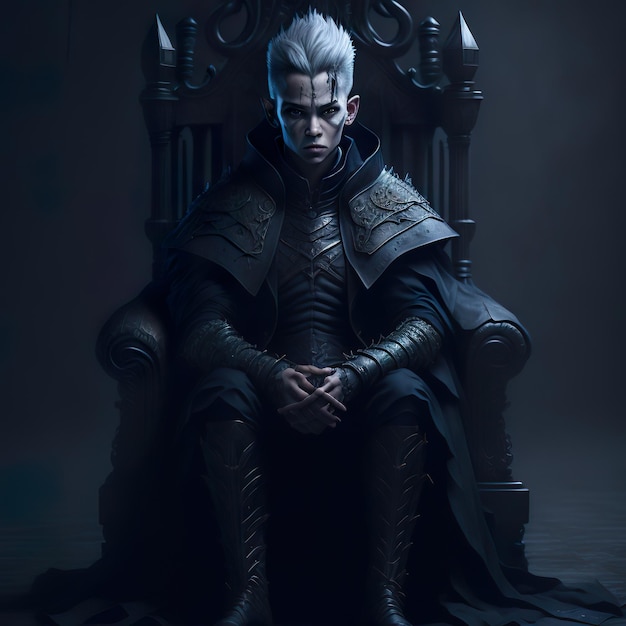 A man with a silver hair and a black cloak sits in a dark room with a dark background