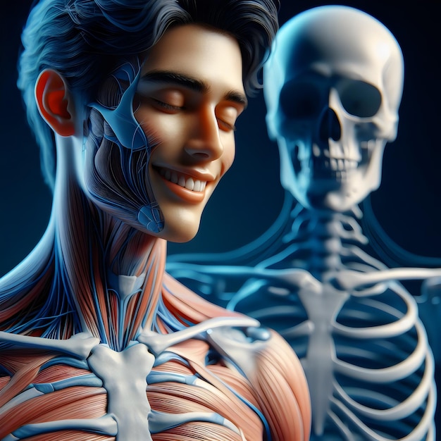 Photo a man with a skeleton and a skeleton in the background