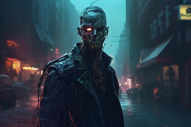 두개골과 눈을 가진 남자가 도시의 거리 앞 빗속에서 서 있습니다.