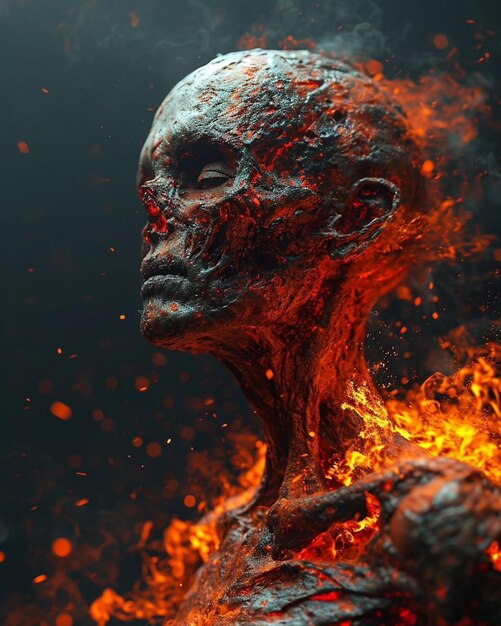 a man with a skull in fire and fire in the background