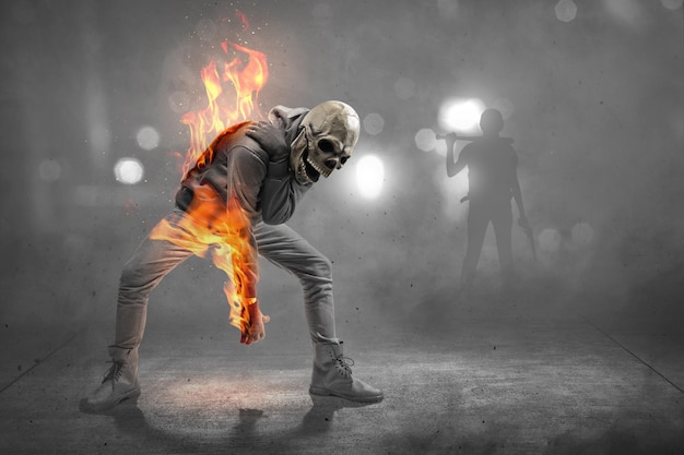 Man with a skull head costume on fire