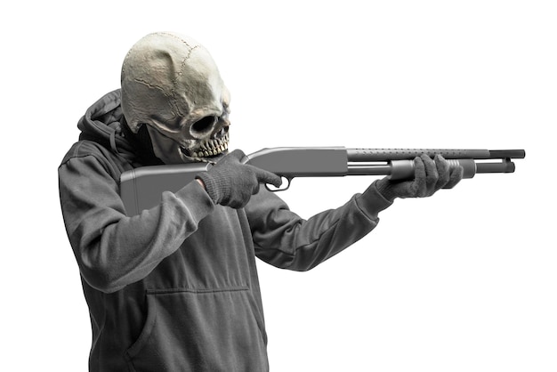 Man with a skull head costume for Halloween holding gun