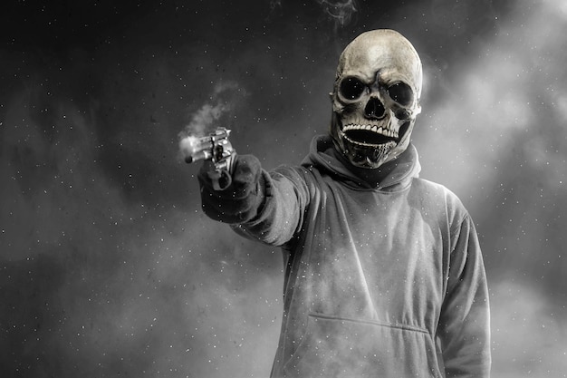 Photo man with a skull head costume holding gun