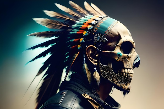 A man with a skull on his face and a feathered headdress.