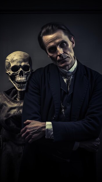 Photo a man with a skull and a skull in front of him