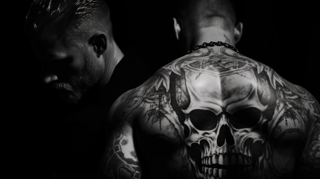 Foto un uomo con un tatuaggio di cranio sulla schiena.