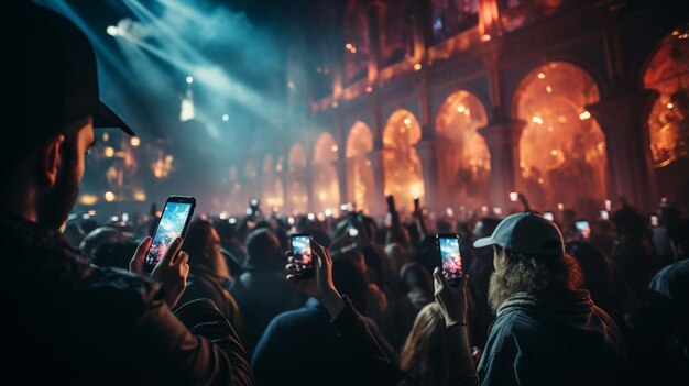 Photo man with a smartphone making photos in concert