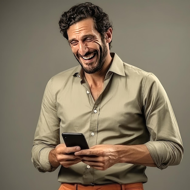 A man with a smile on his face is holding a phone.