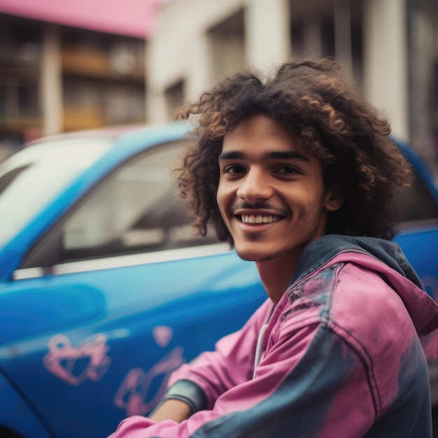 A man with a smile on his face is sitting in front of a blue car.