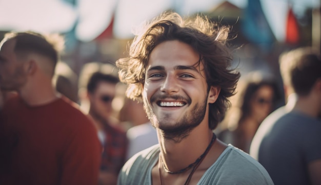 야외 음악 축제에서 얼굴에 미소를 짓는 남자