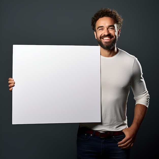 Photo a man with a smile is holding a white board