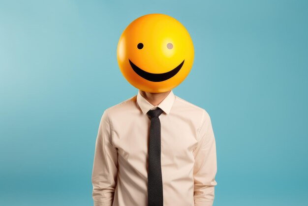 a man with a smiley face balloon and a stylish tie
