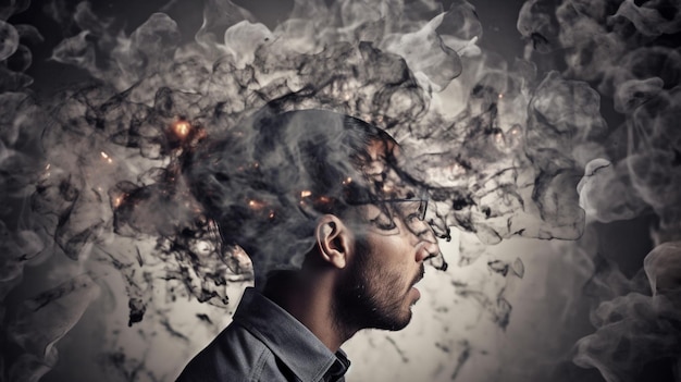 A man with smoke in his head and the words smoke in the background