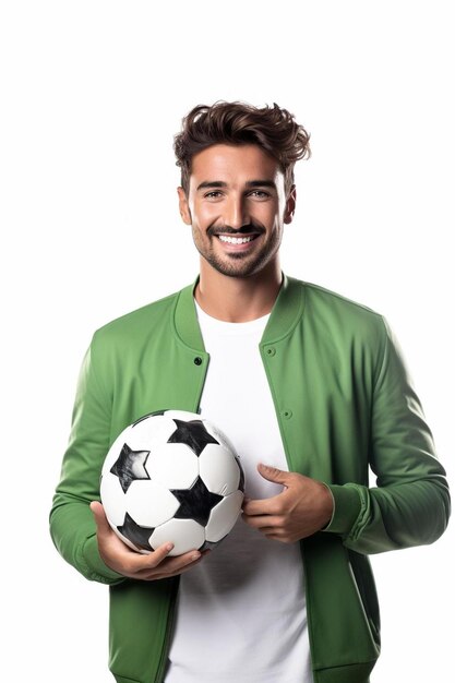 Photo a man with a soccer ball and a white shirt