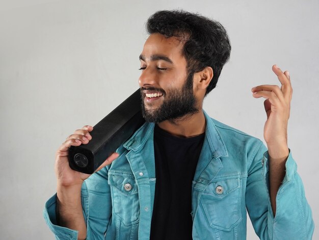 a man with sound bar isolated