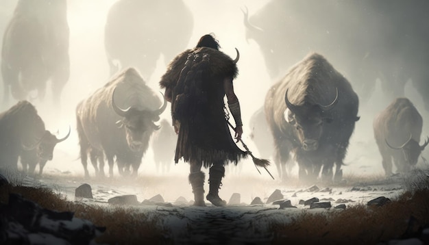 A man with a spear and bison in the snow